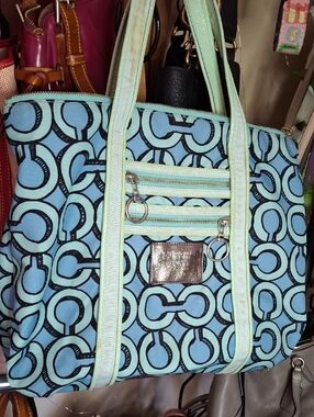COACH POPPY XL TOTE OPTIC DESIGN BLUE AQUA CANVAS *straps need cleaning